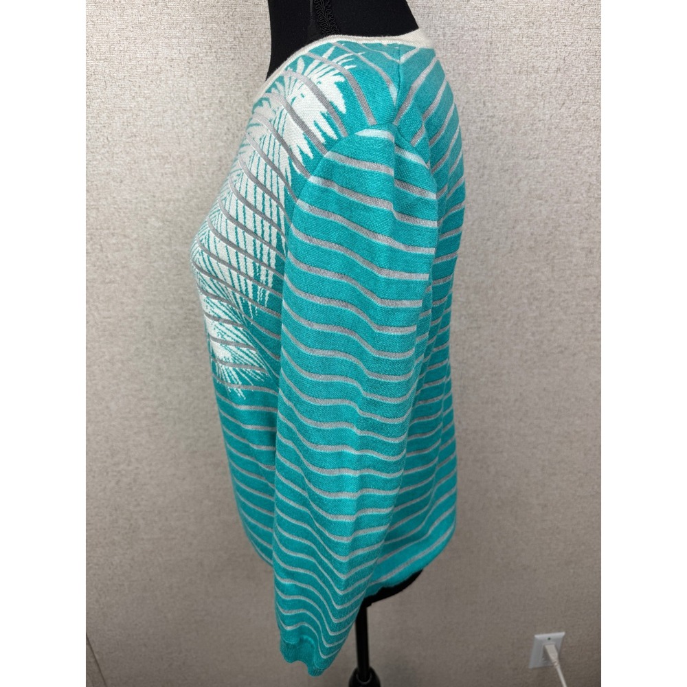 St. John Teal Tropical Palm Print Santana Knit Pullover Sweater Cashmere Blend M - Picture 4 of 9
